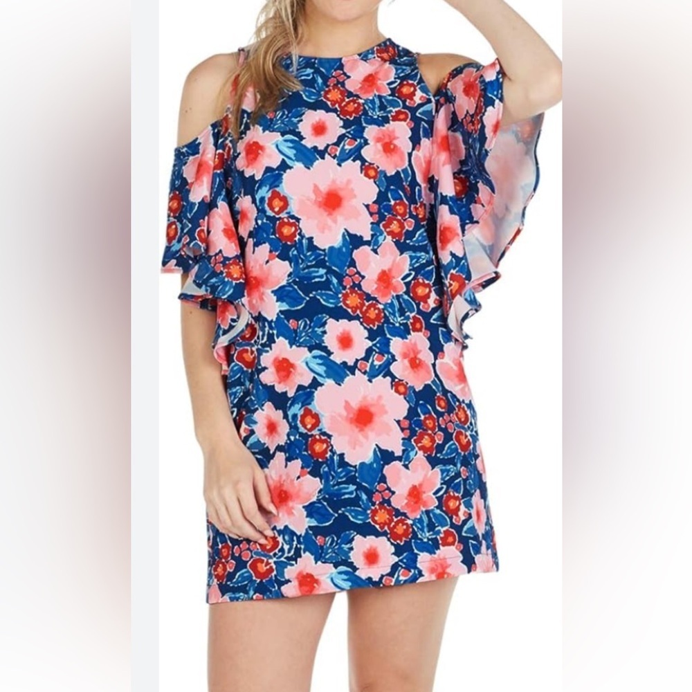 Mud Pie Blue Pink Bold Floral Pattern Cold-Shoulder Dress Women Size S
